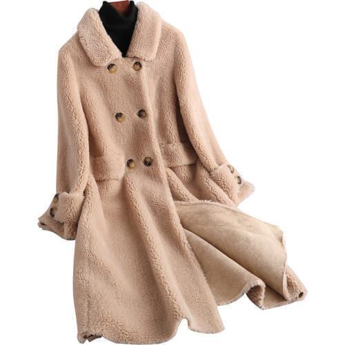 Real Wool Fur Coat Jacket Autumn Winter Women Fur Trench Outerwear Coats Overcoat VF7070