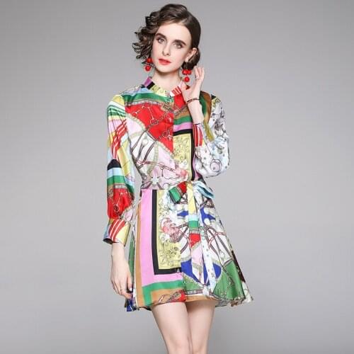 New Fashion Woman Clothes 2021 Spring Autumn Runway Designer Color Block Print Vintage Mini Shirt Dress Sashes Casual Robe