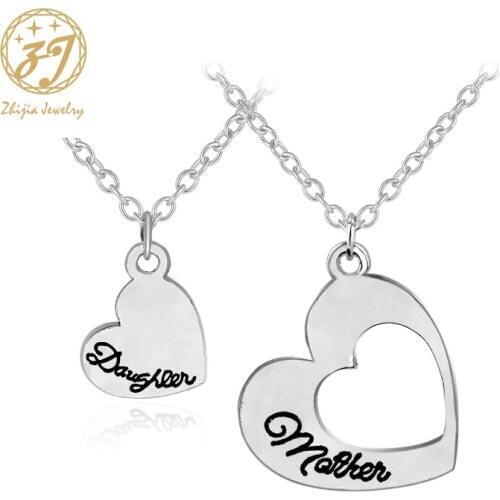 Zhijia Heart Mother Daughter Necklaces Hollow Splicing Necklace polishing letter Jewelry vintage mothers day Gift For women