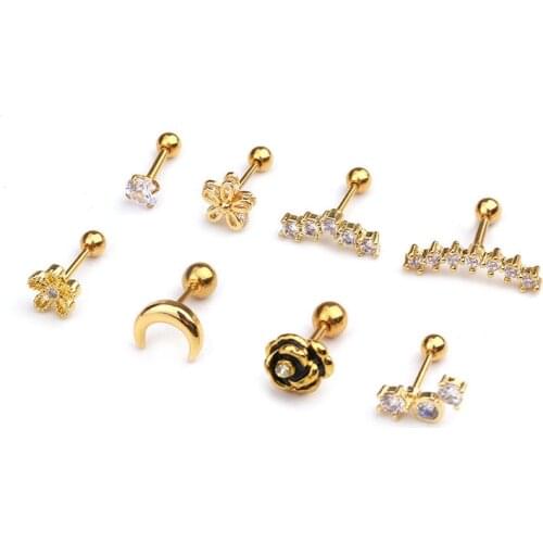 1pc Gold Silver Color New Flower Curved Bar Cartilage Stainless Steel Ear Stud Piercing Helix Crystal Stud Ear Piercing Jewelry