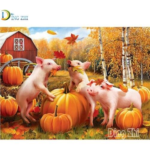 3D Diamond Embroidery Hot Selling Home Art, American Farm Autumn Scenery Pet Pig Pumpkin Diy Full Diamond Painting Mosaic Gift