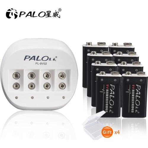 PALO 8pcs 9V 6F22 600mAh lithium li-ion li ion liion Rechargeable Battery with intelligent fast charging charger for 9V battery