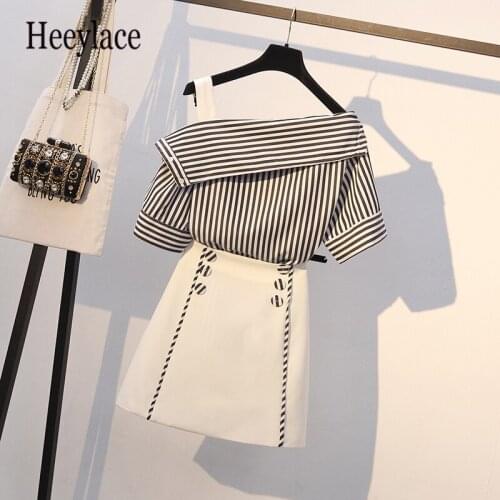 Plus size Summer office ladies Slash Neck striped korean blouse top and mini high waist a line skirt sets women 2 piece set 4XL