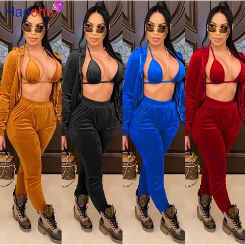 HAOOHU Velvet sexy Sweatsuit Womens Set Hooded Jacket +Bra Top+ Jogger Pants Set ActiveTracksuit Three 3Piece Outfit Sets