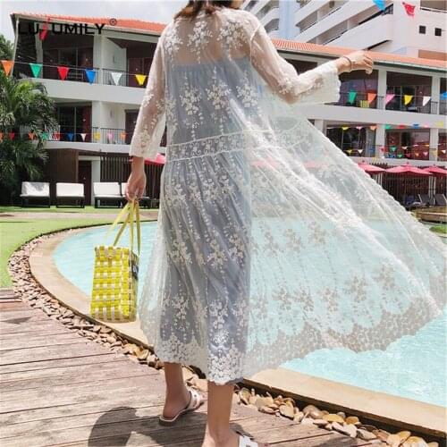 Lusumily 2021 Women Lace Cardigan Kaftan Shawl Wear Swimwear Bikini Cover Up Blouse Tops Fashion Sexy Bathing Suit Cape Swimsuit