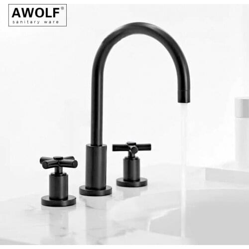 Matt Black Solid Brass Bathroom Basin Faucet Dual Handle 3 Hole Deck Mounted Hot Cold Mixer Tap Bathtub Faucet ML8052