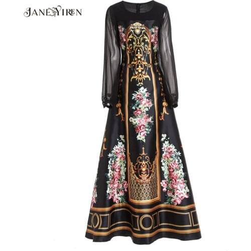 Jianyiren Fashion Designer dress Spring Womens Dress Long sleeve Vintage Floral-Print Black Maxi Dresses