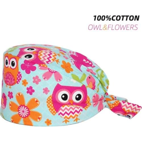 Cartoon Scrubs Cap Adjustable Cotton Nursing Hat with Sweatband Patrick Dempsey Women Men Owl Printing Accessories Surgicals Cap