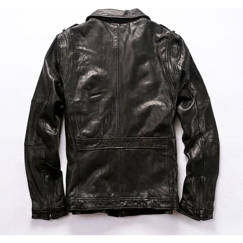 Mens plant tanning goatskin motorcycle jacket with pockets safari style black Fold casual leather coat men autumn
