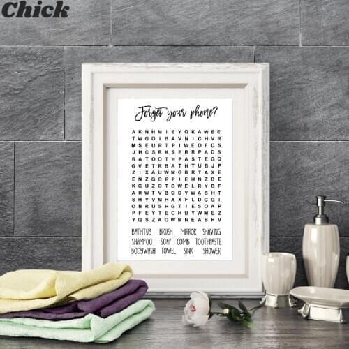 Bathroom Word Search Prints Black White Minimalism Guest Bathroom Sign Wall Art Decor Learning Poster Canvas Painting Picture