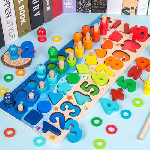 Montessori Educational Wooden Toys Children Busy Board Math Fishing Childrens Wooden Preschool Montessori Toy Counting Geometry