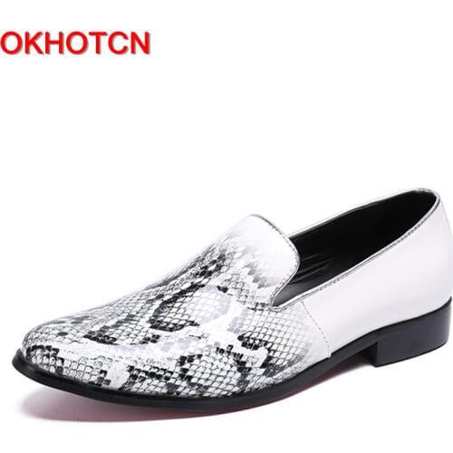 OKHOTCN New arrival white Python texture man shoes genuine leather gentleman loafers daily leisure shoes slip-on spring autumn