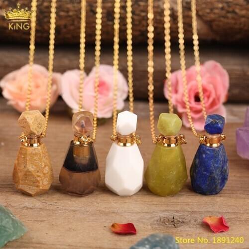 Fashion Women Faceted Natural Stones Perfume Bottle Pendant Necklace,Coral Jades Lapis Stone Gold Essential Oil Diffuser Jewelry
