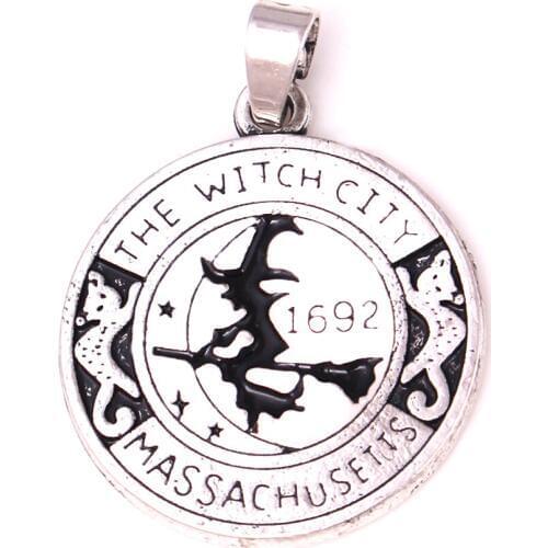 WITCH Pendant Magick amulet Salem Witch 1692 Moon Cat Broom pendant