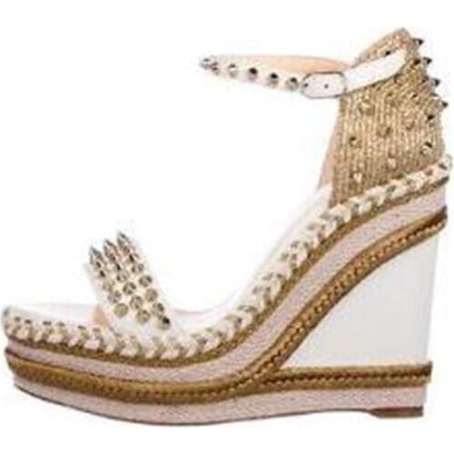 Drop Shipping Woman Gold Sliver Leopard Rivet Open Toe Braided Platform Wedge Sandals 15 CM Heels Buckle Strap Patchwork Shoes