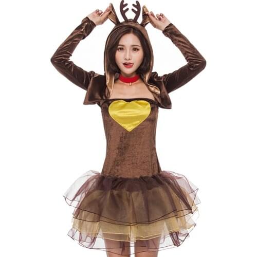 Christmas Elk Cos Costume Brown Woman Sexy Min Dress Top Footstrape Necklace 4Pcs Set Masquerade Deguisement Dress For Navidad