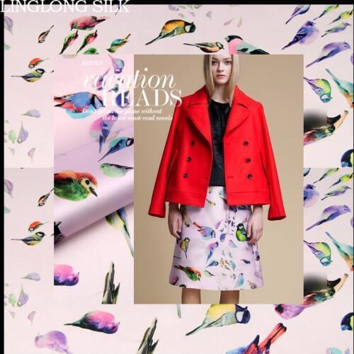 PRINT SILK ORGANZA SATIN FABRIC 14m/m Width 53"-135cm100%Natural Silk Satin Fabrics Silk Tops Fabric 2016 New Birds Pattern