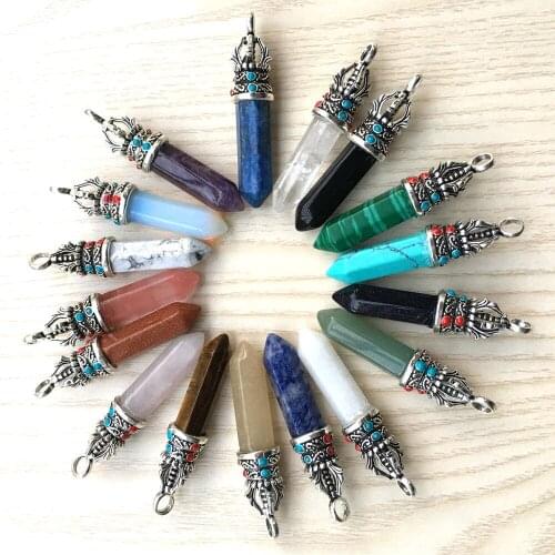 Hexagonal Prism Healing Crystal Lapis Aventurine Tiger Eye Stone Pendants for Necklace Jewelry Making Pendulum Wholesale