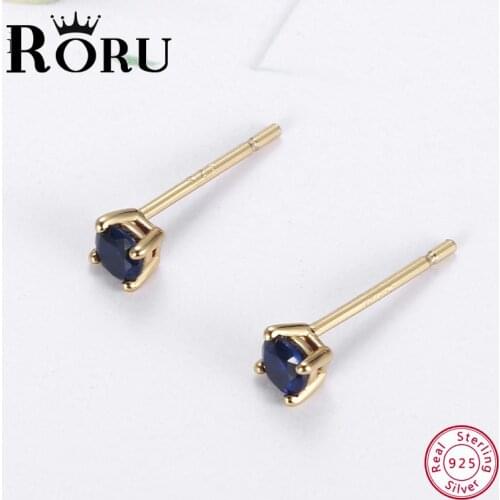Womens Small Stud Earrings Silver 925 Earrings with Blue Zircon Exquisite Fashion Korean Jewelry