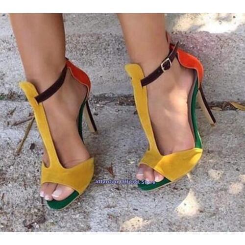 New Spring Summer mixed color suede thin high heeled strappy gladiator cut-out sandals women narrow band T-bar dress shoes