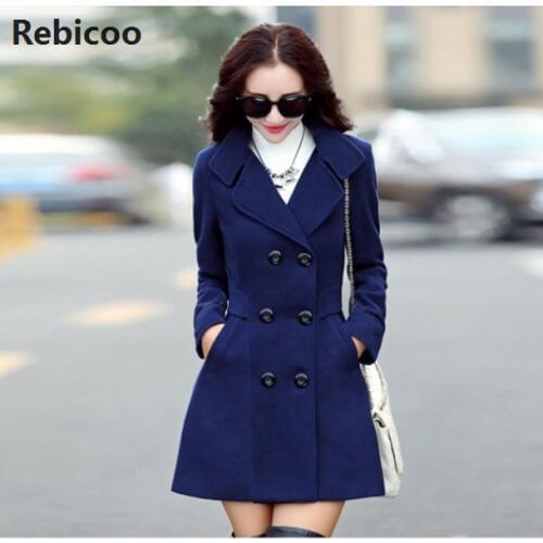 New Autumn Winter Blends Plus Size Coat Turn-Down Collar Elegant Double Breasted Women Long Coat Female Casual Coat Tops