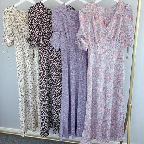 2021 Spring Slim Chic Print A Line Vestidos V-neck Puff Short Sleeve Elegant Women Dresses Elegant Loose Casual Long Femme Robe