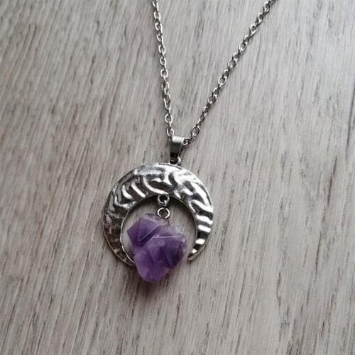 Goth Purple Stone Moon Necklace Natural Pendant Wicca Witchy Pagan Esoteric Gothic Punk Rock Statement Jewelry Charm Women Gift
