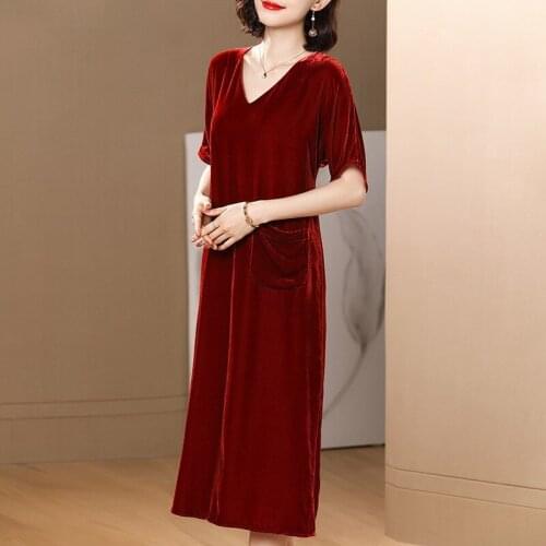 2020 New Autumn Women Vintage Velvet Dress Half Sleeve V-neck Solid Straight Dress Ladies Elegant Party Long Robe Vestidos M-7XL