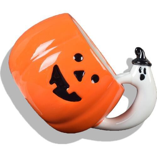 2017 Hot Sale Pumpkin cup with Ghost handle milk/tea/coffee mug Halloween gift ceramic water bottle free shipping