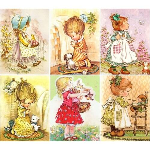 Diy 5d Full Diamond Embroidery Cartoon Square Round Diamond Flowers Cute Girl Mosaic Furniture Decoration Hobby Gift