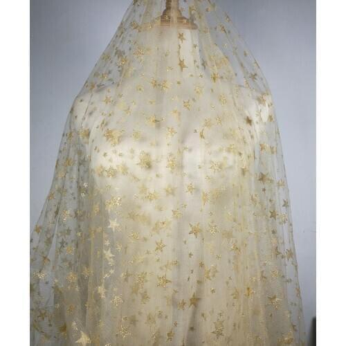 Free shipping Golden Hot Stars Mesh Lace Cloth Starry Curtain Dress Half Skirt Clothing Fabric