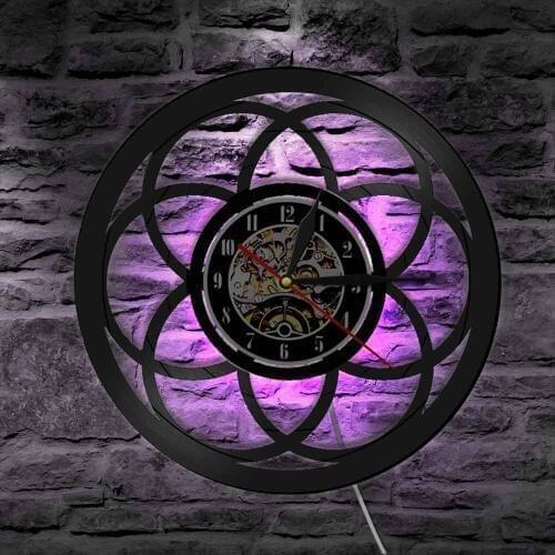 Flower of Life Geometric Vinyl Record Wall Clock Minimalism Geometry Home Decor Wall Light Seed of Life Mandala Modern Design