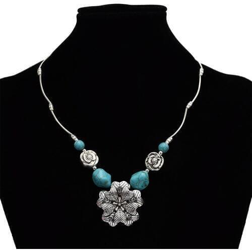 Maxi Bohemia Antique color Chain Blue stone Choker Necklace For Women Ethnic Tribal Boho Flower Bib Collar Necklace Femme Bijox