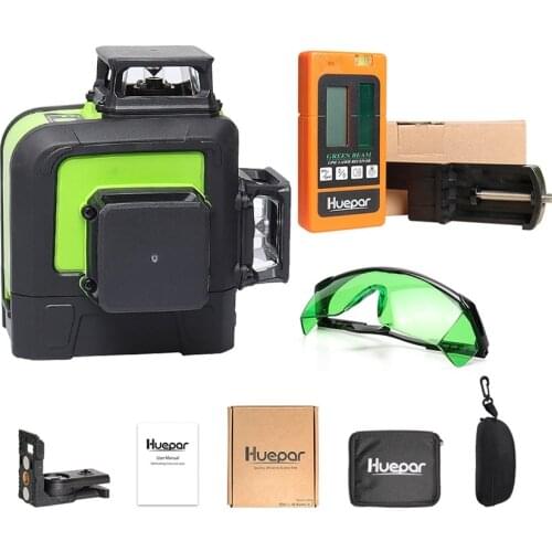 Huepar 12 Lines 3D Cross Line Laser Level Green Laser Beam Self-Leveling 360 Vertical & Horizontal with Glasses & Laser Receiver