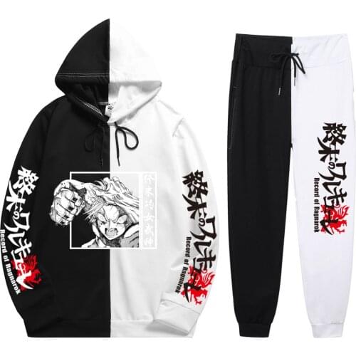 New Summer Autumn Man 2 Pieces Sets Anime Record Of Ragnarok Print Cool Soft Patchwork Thin Hoodie+Patchwork Pants Hip Hop