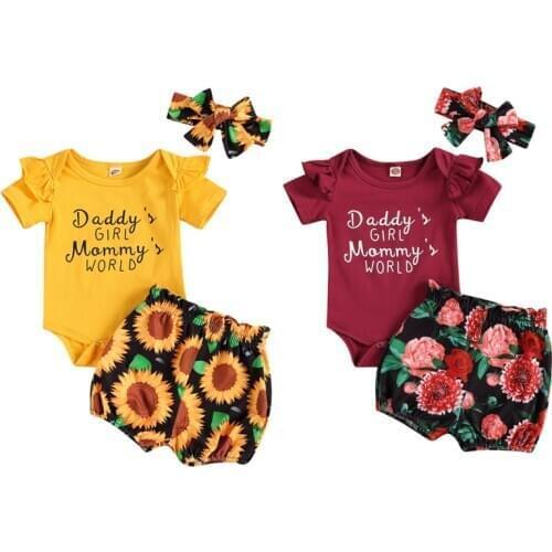 FOCUSNORM 0-18M Summer Causal Baby Girls Boys Clothes Sets Letter Ruffles Short Sleeve Romper Floral Shorts Headband