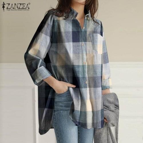Fashion Autumn Asymmetrical Shirts ZANZEA Plaid Check Tops Womens Lapel Loose Blusa Casual Lapel Long Sleeve Tunic Plus Size 5XL