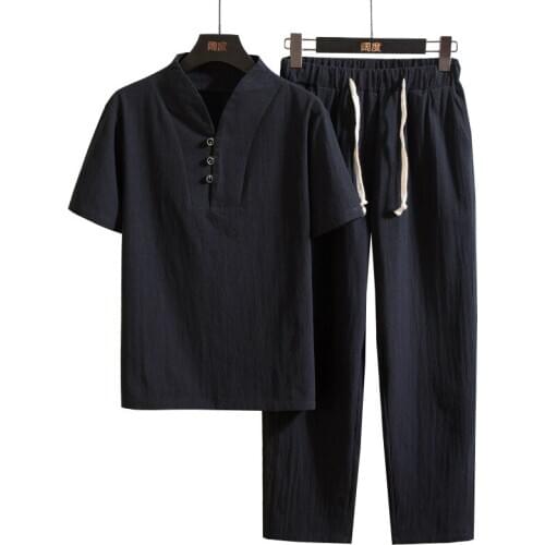 Tracksuits Men 2020 Summer Male Cotton Linen Short-sleeved T-shirt Suit Mens Casual Nine-point Trousers Cool Linen 2 Pieces Set