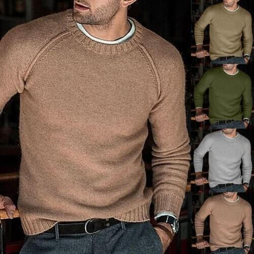 Mens Long Sleeve O-neck Sweaters Solid Color Fitting Warm Knitted Pullovers