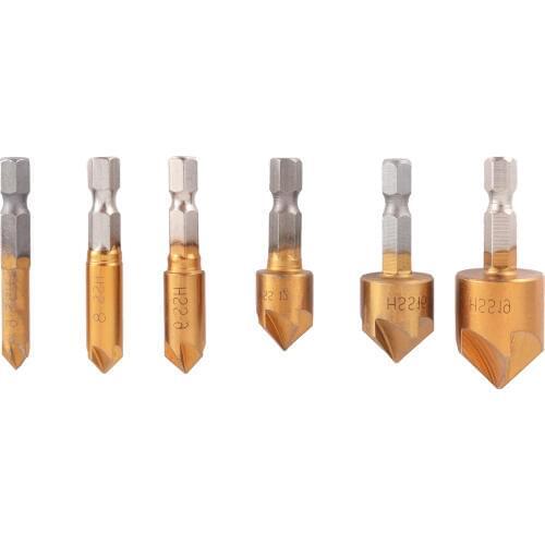 6Pcs/Set 5 Flute High Speed Steel Countersink Drill Bit Set 90 Degree Hex Shank Chamfer Cutter Tool 6-19mm Home Hand Tools