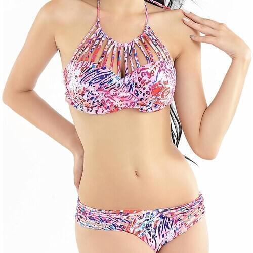 Wholesale Neon Floral Swimsuit High Neck Swimwear Split Bikini Set Underwire Push Up Binds Knitting Bathing Suits DK33