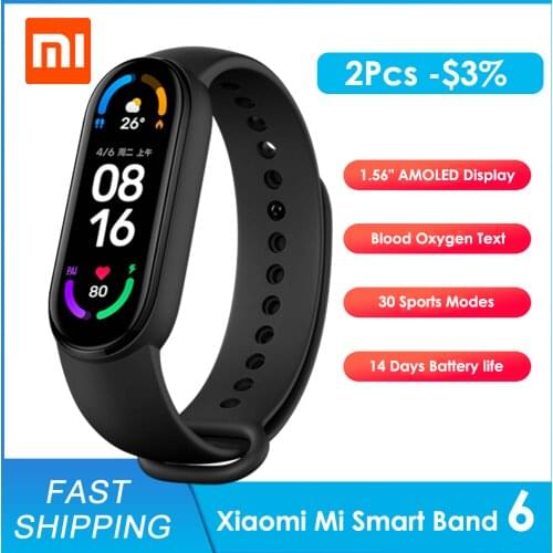 Original Xiaomi Mi Band 6 Sport Wristband Heart Rate Fitness Tracker Bluetooth 1.56 " AMOLED Screen Smart Band 5 Color Bracelet