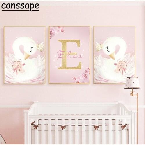 Swan Posters Custom Name Wall Art Canvas Painting Flowers Picture Nursery Art Print Nordic Poster Prints Baby Girl Bedroom Decor