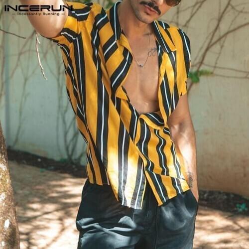 INCERUN 2021 Men Casual Striped Shirt Short Sleeve Turn Down Collar Camisas Summer Streetwear Fashion Beach Hawaiian Shirts Men