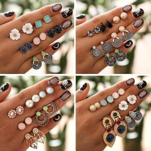 HuaTang Boho Waterdrop Colorful Rhinestone Earring Set for Women Girl Geometric Flower Leaf Pearl Earrings Brincos Jewelry