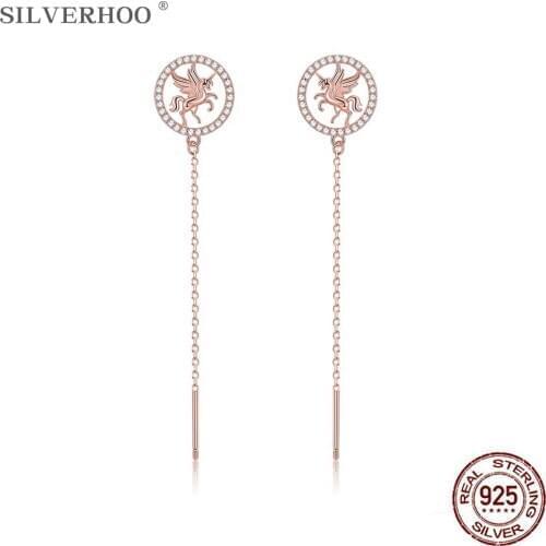 SILVERHOO 925 Sterling Silver Long Tassel Cute Unicorn Drop Earrings For Women Circle Cubic Zirconia Earring Fine Silver Jewelry
