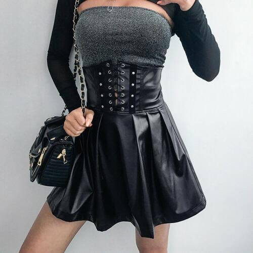 2020 Spring summer Womens high waist Cosplay Skirts Bandage Leather Skirts Fashion Tight Mini Pleated Skirts