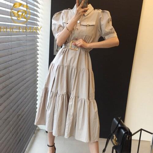 Women Dress 2021 Summer Korean Chic Female Retro Temperament Lapel Single-Breasted Puff Sleeve Work Style Vestidos