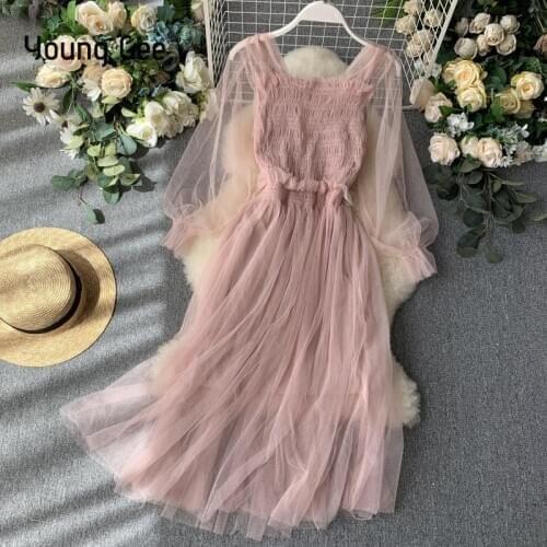 YoungGee Women Sexy Transparent Gray Mesh vestidos Spring Fall Casual Ruffles Midi Dress Ladies Chic Square Collar Sweet Dresses