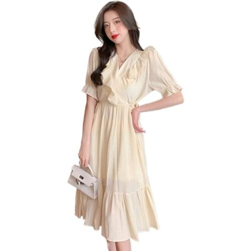 2021 Elegant Ruffles V-neck Short sleeve Chiffon Dress Women summer High Quality Vacation Bohemian Beach Dress